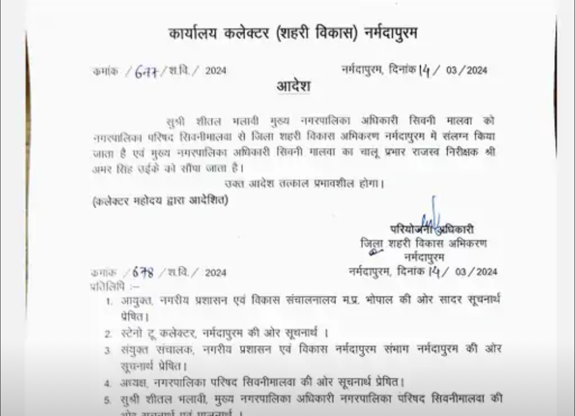नगरपालिका सीएमओ शीतल भलावी को भेजा नर्मदापुरम, आरआई को सीएमओ का प्रभार